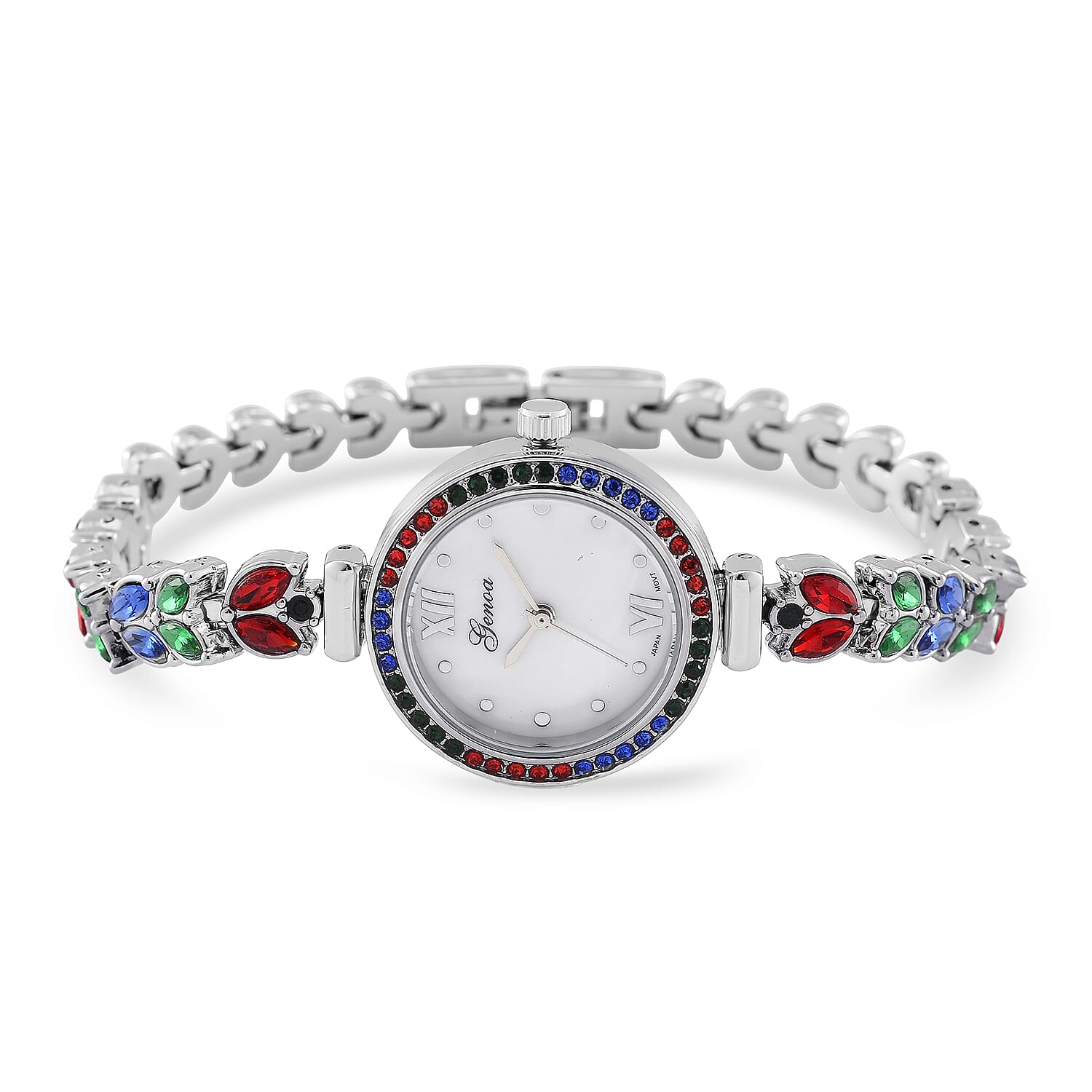 Genoa Multi Color Austrian Crystal Japanese Movement MOP Dail Watch in Silvertone