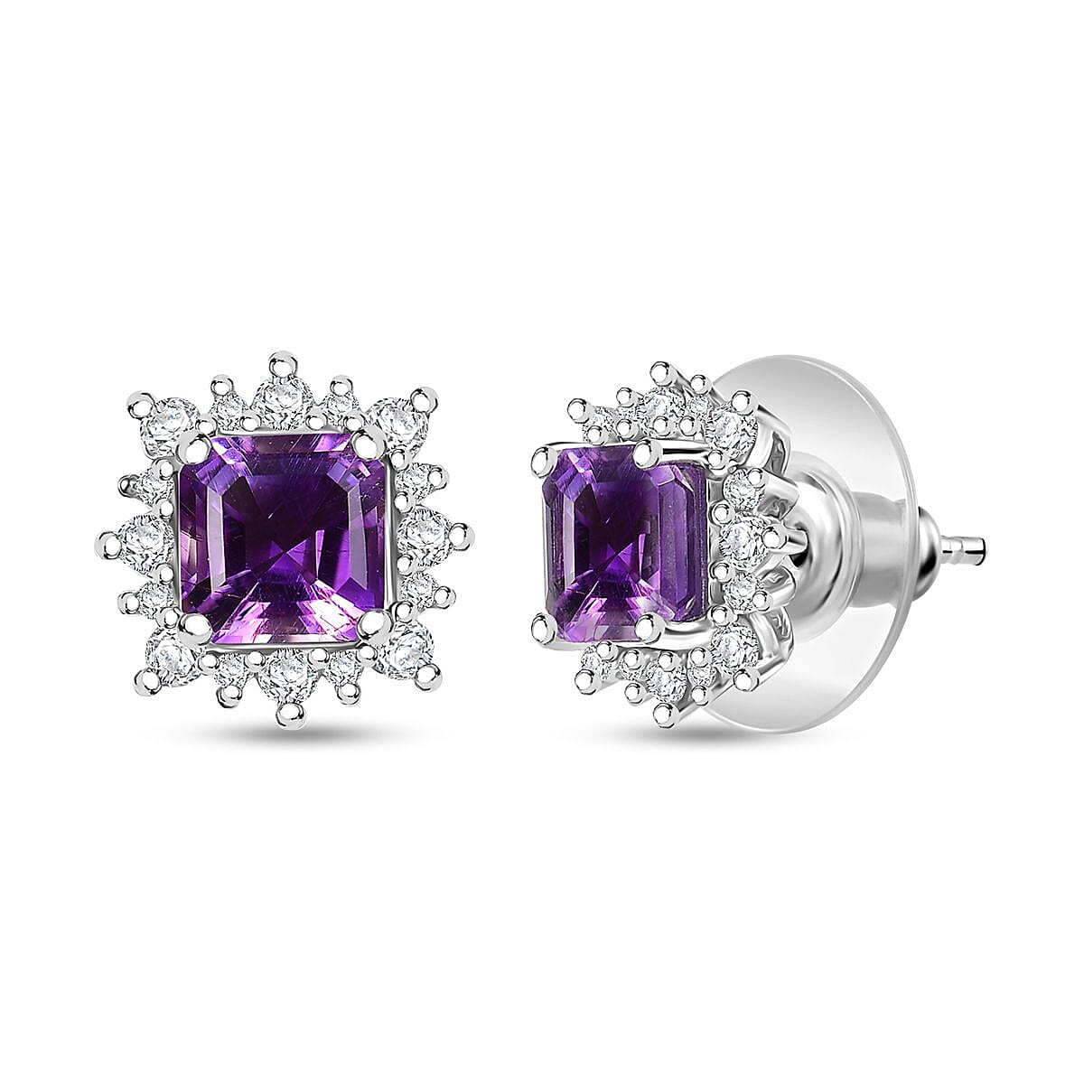 D'Joy Asscher Cut Moroccan Amethyst and Moissanite 2.50 ctw Radiant Flora Earrings in Rhodium Over Sterling Silver