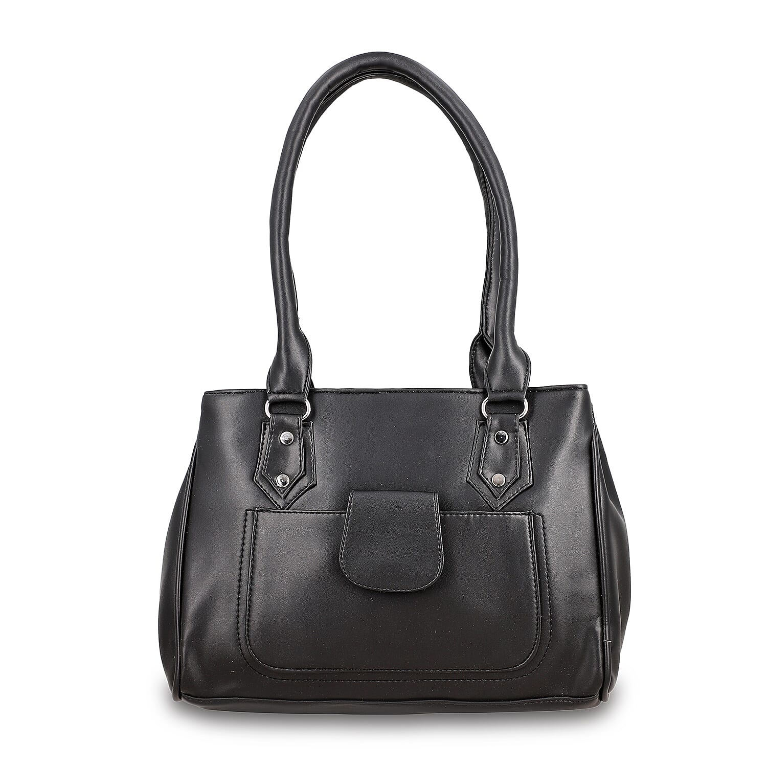 Black Faux Leather 3 Compartment Handbag with Dual Handles