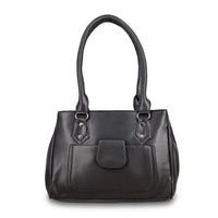 Black Faux Leather 3 Compartment Handbag with Dual Handles