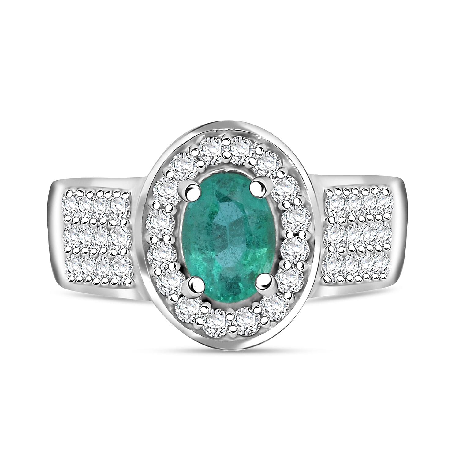 Kagem Zambian Emerald and White Zircon 1.60 ctw Ring in Rhodium Over Sterling Silver (Size 7.0)