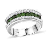 Chrome Diopside, White Zircon Half Eternity Ring in Rhodium Over Sterling Silver (Size 10.0) 1.50 ctw