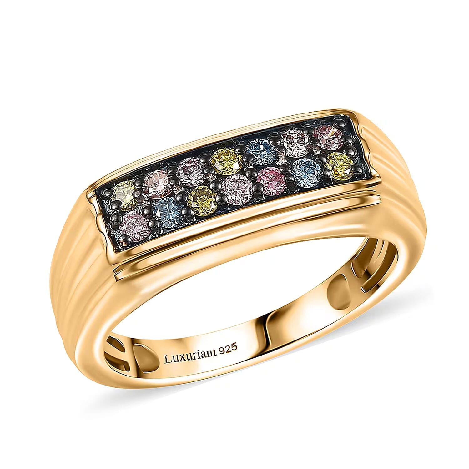 Luxuriant Lab Grown Multi Color Diamond (SI) 0.55 ctw Men's Ring in 18K Vermeil Yellow Gold Over Sterling Silver (Size 10.0) (Del. in 10-12 Days)