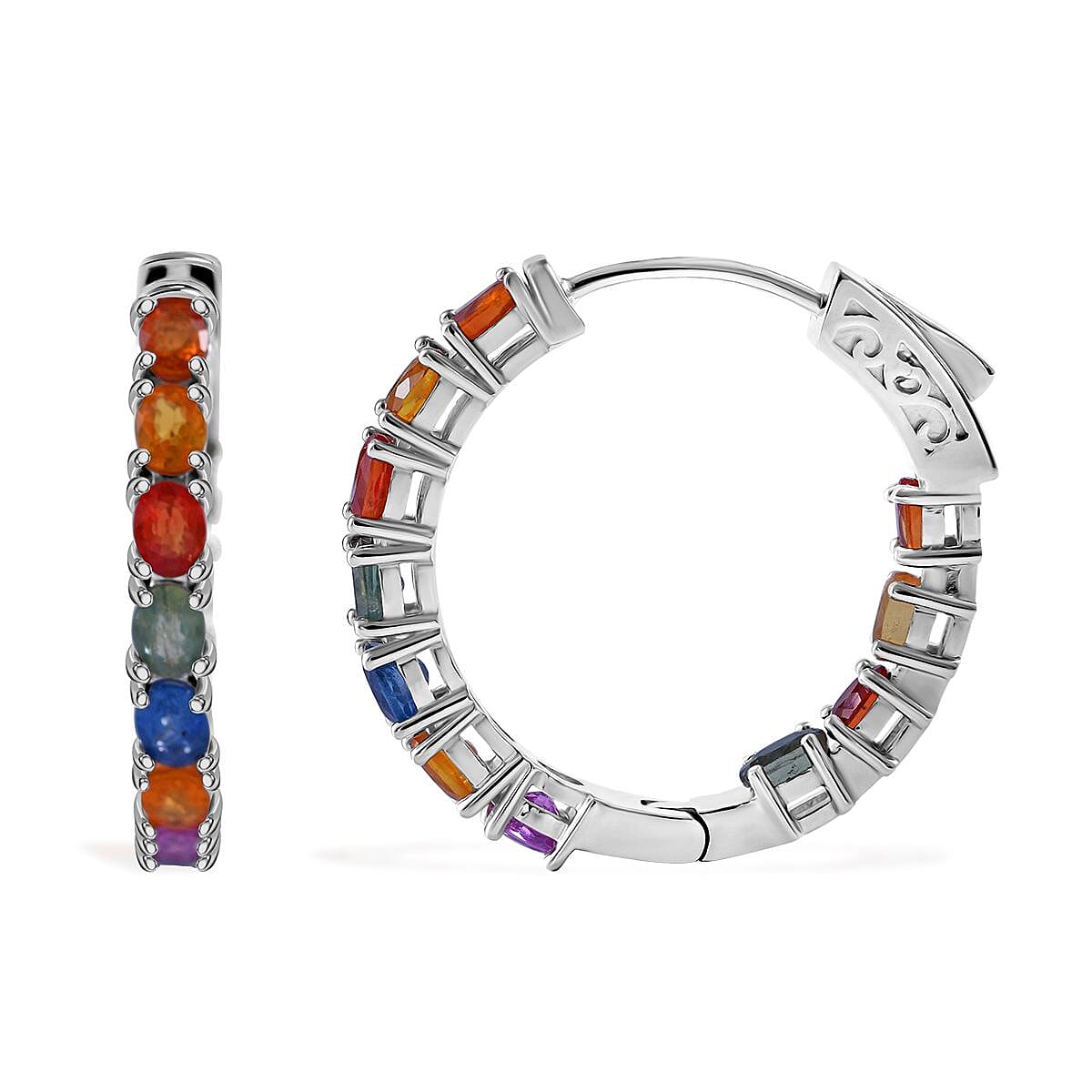 Rainbow Sapphire, Blue and Pink Sapphire 5.10 ctw Hoop Earrings in Rhodium Over Sterling Silver