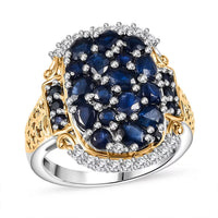Premium Kanchanaburi Blue Sapphire and Moissanite Ring in 18K Vermeil YG and Rhodium Over Sterling Silver (Size 10.0)