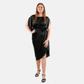 TAMSY Black Satin Drape Dress with Rose Stretch Belt - Sticky add to cart bar