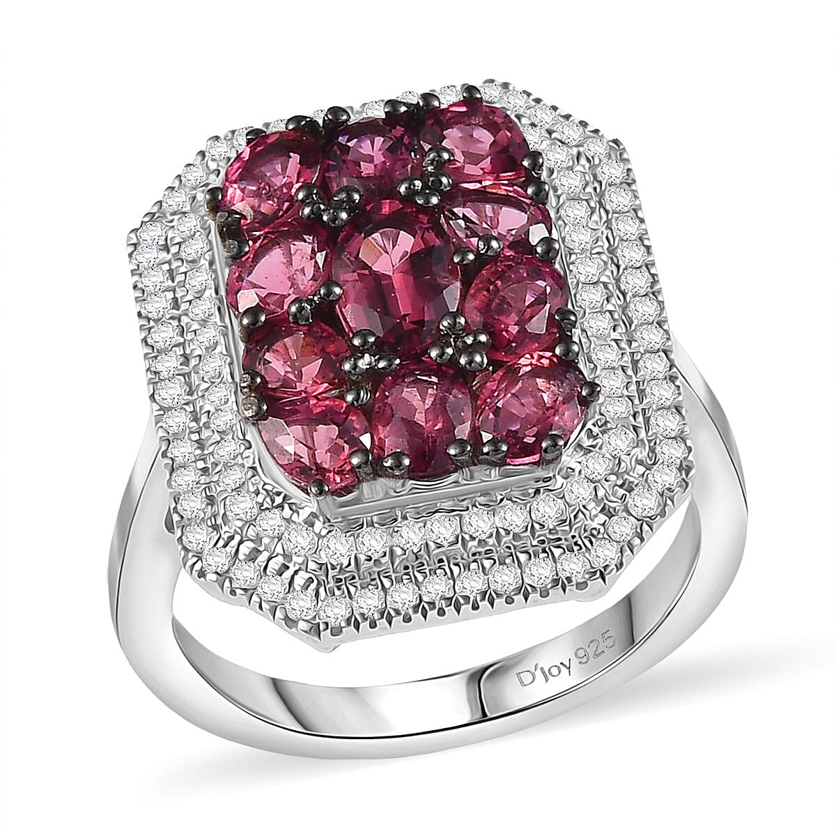 D'Joy Premium Ouro Fino Rubellite, White Zircon Ring in Rhodium Over Sterling Silver (Size 10.0) 3.00 ctw