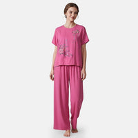 Rose Floral Linen Feel 2pcs Pajama Set - One Size Fits Most