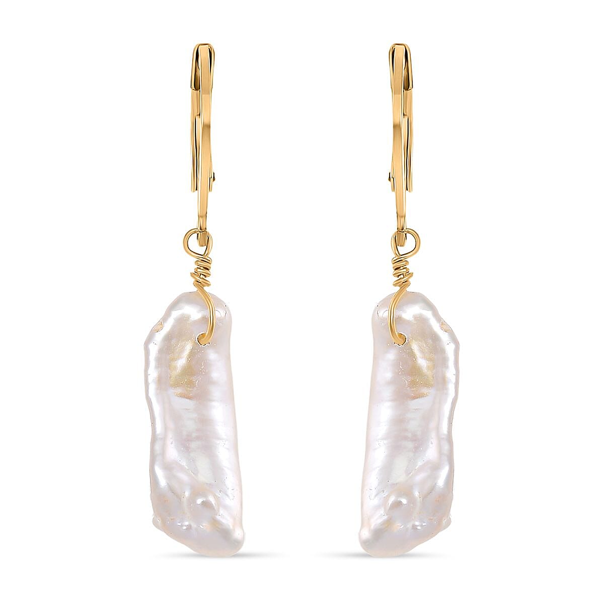White Keshi Pearl Earrings in 14K Yellow Gold Over Stainless Steel