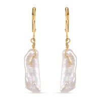 White Keshi Pearl Earrings in 14K Yellow Gold Over Stainless Steel