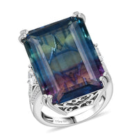 D'Joy Bi Color Fluorite and Moissanite 36.90 ctw Art Deco Ring in Rhodium Over Sterling Silver (Del. in 10-12 Days)