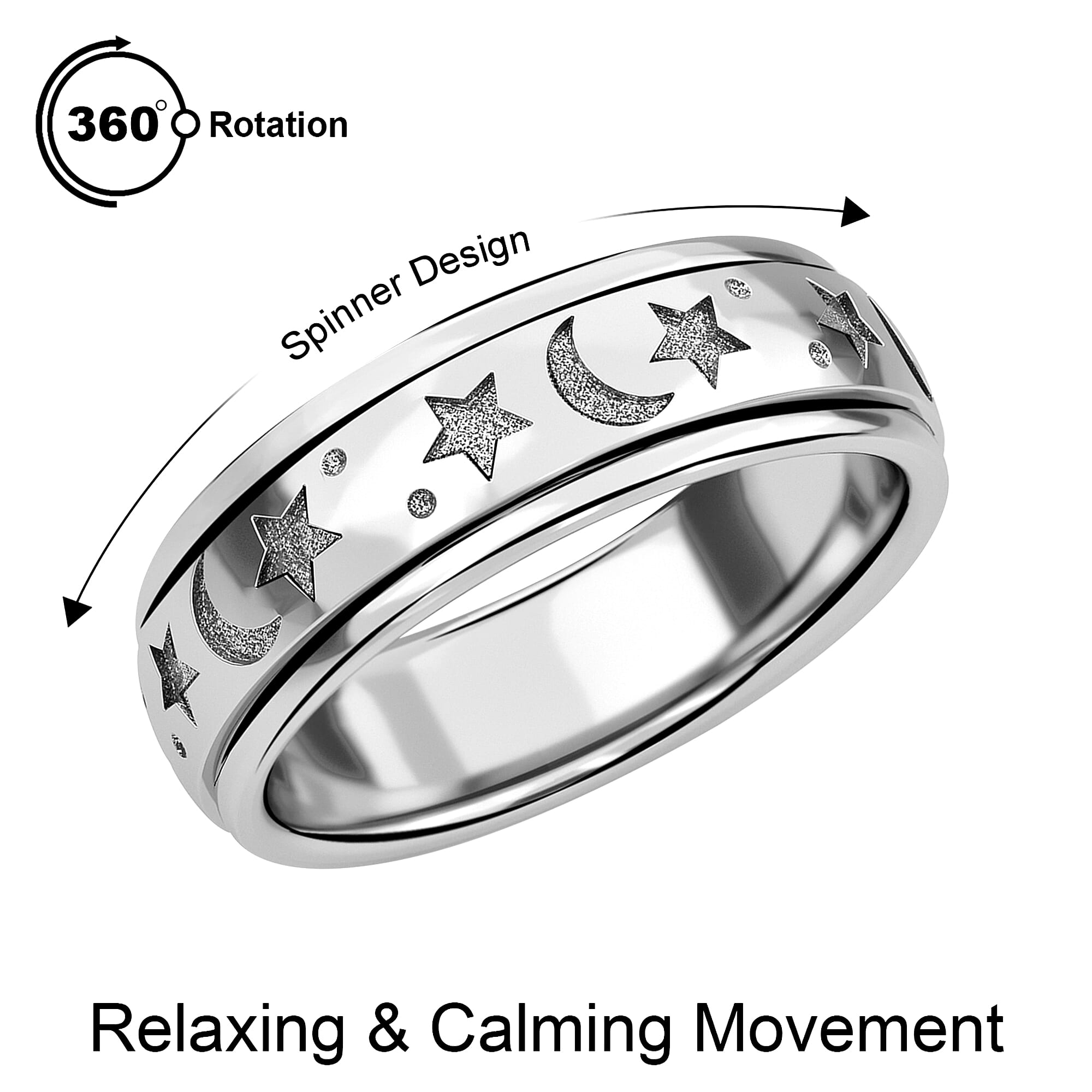 Platinum Over Sterling Silver Moon Star Spinner Band Ring (Size 5.0) (4.20 g)