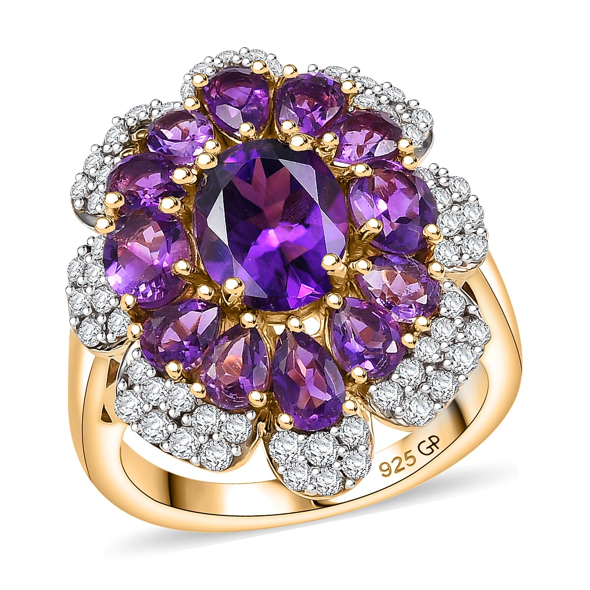 GP African Amethyst, Multi Gemstone Cluster Ring in 18K Vermeil YG Over Sterling Silver (Size 10.0) 4.90 ctw