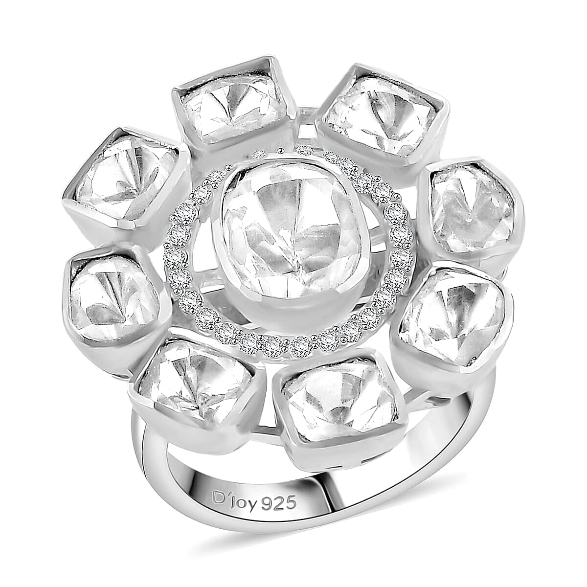 D'Joy Polki Moissanite Floral Ring in Rhodium Over Sterling Silver (Size 10.0) 3.70 ctw