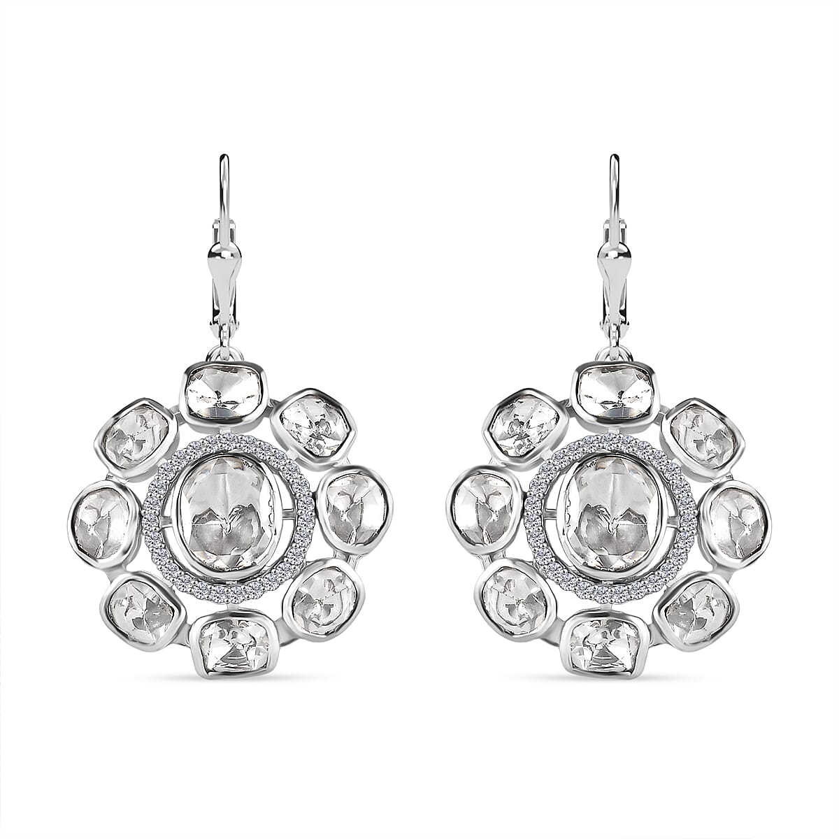 D'Joy Polki Moissanite 4.35 ctw Lever Back Earrings in Rhodium Over Sterling Silver