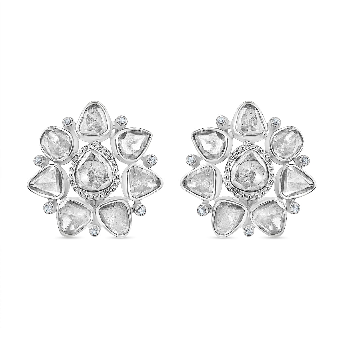 D'Joy Polki Moissanite 3.85 ctw Stud Earrings in Rhodium Over Sterling Silver