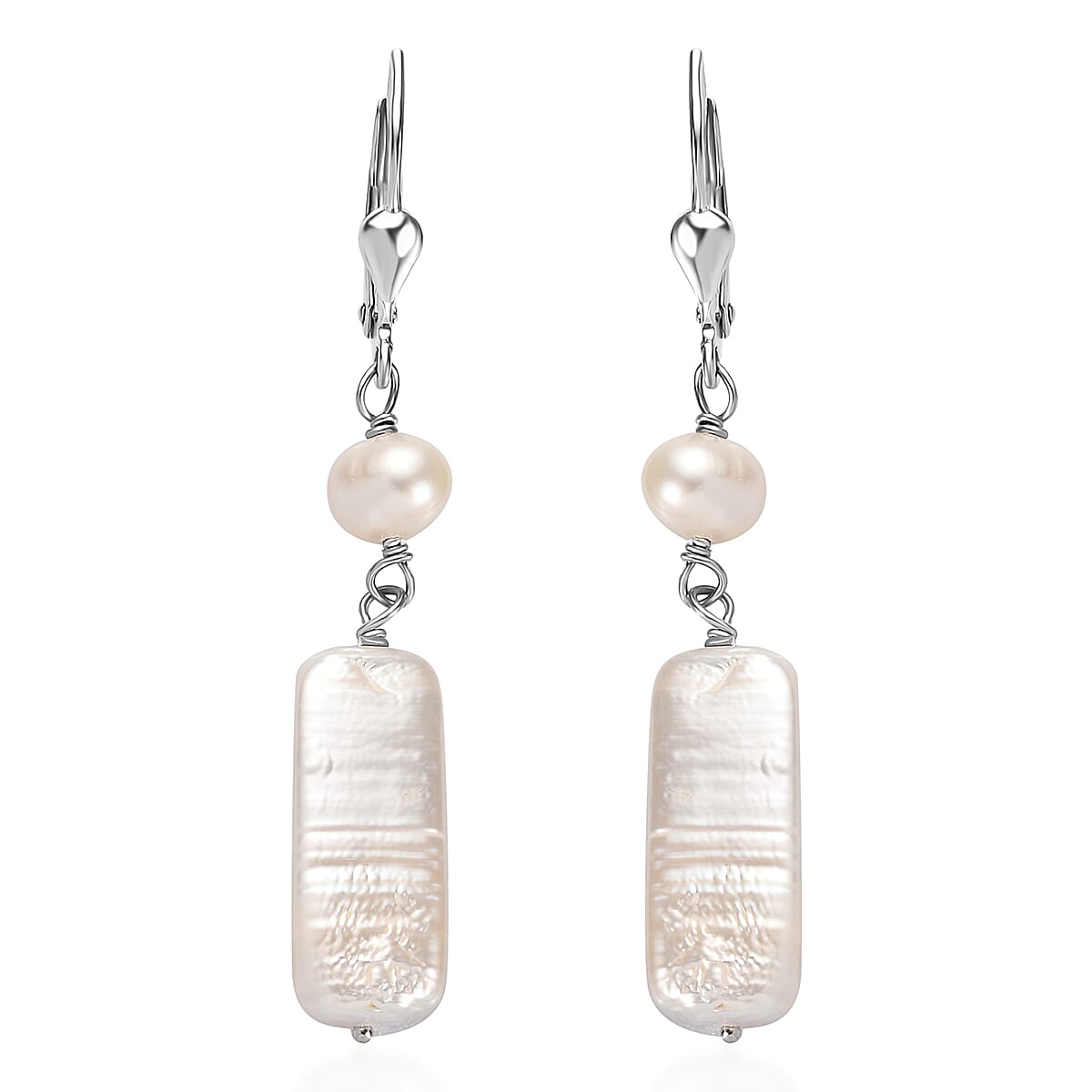 White Freshwater Pearl Dangle Earrings in Rhodium Over Sterling Silver