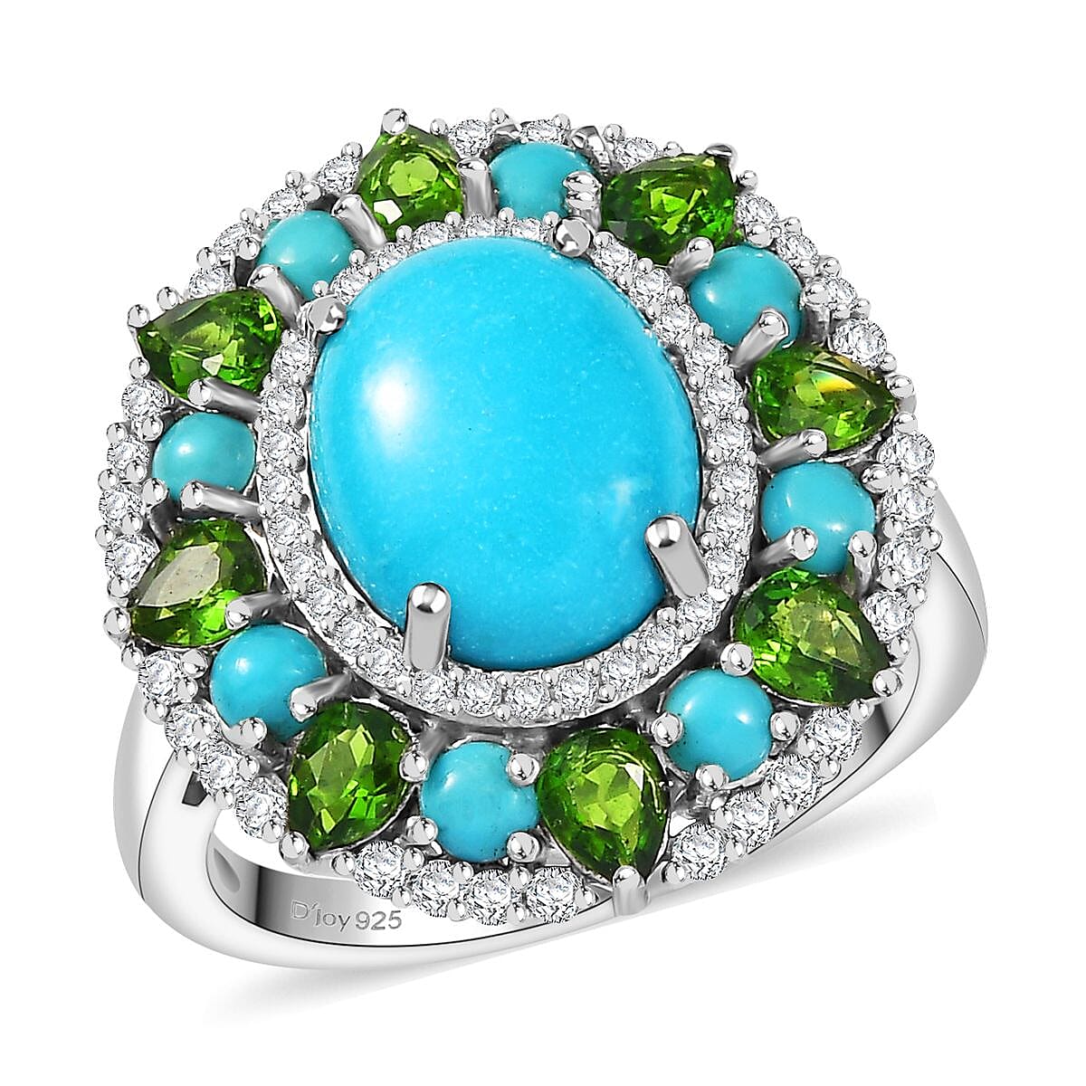 D'Joy Premium Sleeping Beauty Turquoise and Multi Gemstone 5.35 ctw Ring in Rhodium Over Sterling Silver (Size 10.0)