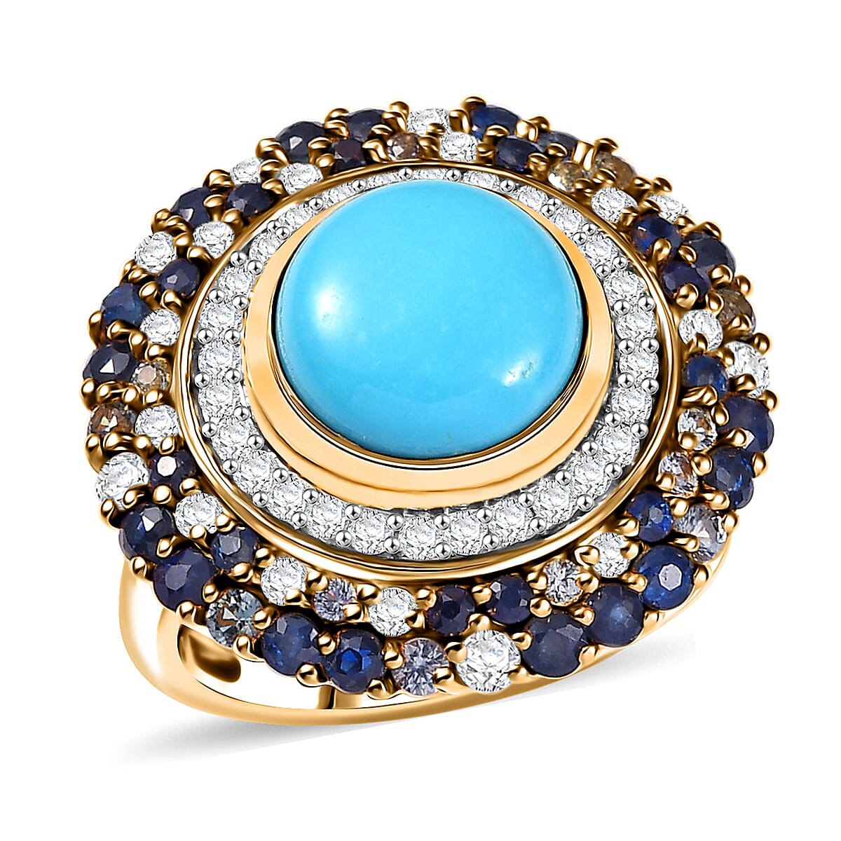 D'Joy Premium Sleeping Beauty Turquoise and Multi Gemstone 5.70 ctw Ring in 18K Vermeil Yellow Gold Over Sterling Silver (Size 10.0)