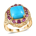 D'Joy Premium Sleeping Beauty Turquoise and Orissa Rhodolite Garnet 5.25 ctw Twilight Bloom Ring in 18K Vermeil Yellow Gold Over Sterling Silver (Size 10.0) - Sticky add to cart bar