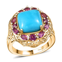 D'Joy Premium Sleeping Beauty Turquoise and Orissa Rhodolite Garnet 5.25 ctw Twilight Bloom Ring in 18K Vermeil Yellow Gold Over Sterling Silver (Size 10.0)