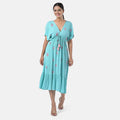 Sea Green Rayon Crepe V neck Maxi Dress with Waist Tie & Tassel Detailing - One Size Fits Most - Sticky add to cart bar