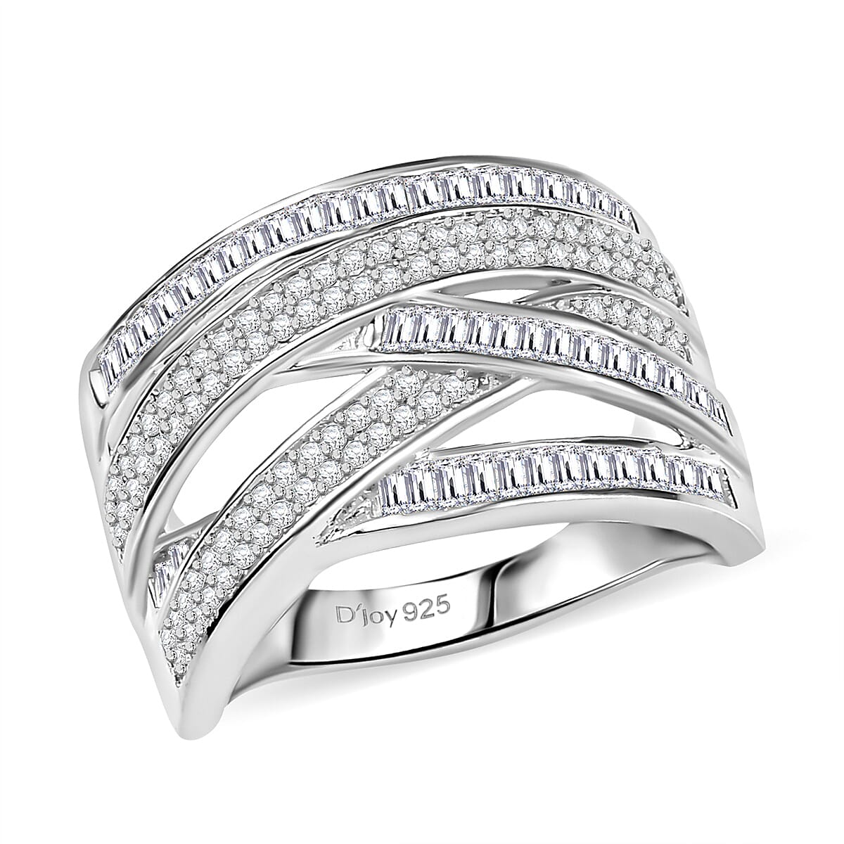 D'Joy Diamond Crossover Bridge Ring in Rhodium Over Sterling Silver (Size 10.0) 0.90 ctw