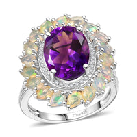 D'Joy Premium Moroccan Amethyst and Multi Gemstone 8.00 ctw Stardust Crown Ring in Rhodium Over Sterling Silver