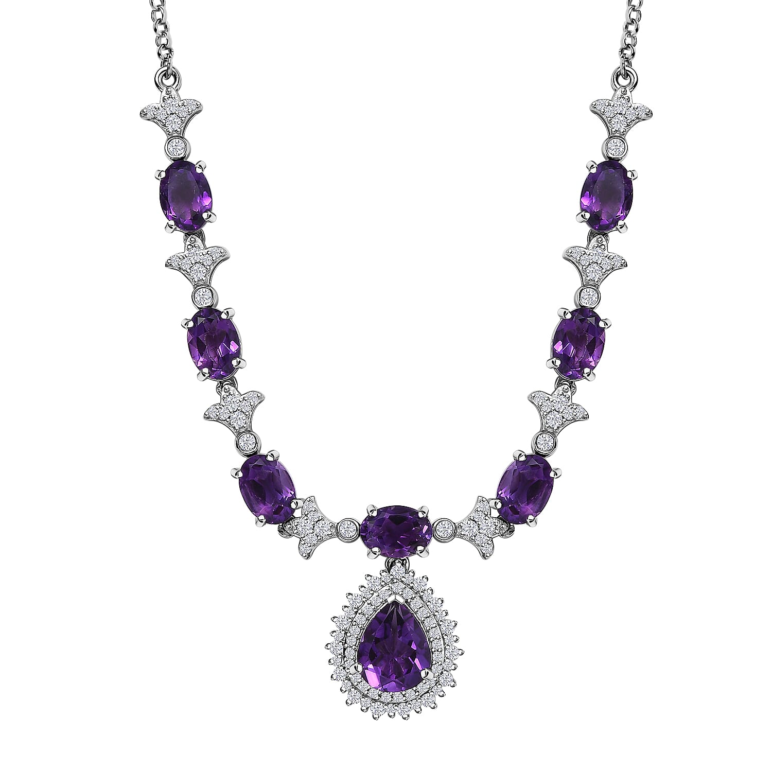 D'Joy Premium Moroccan Amethyst and White Zircon 8.00 ctw Regal Bloom Necklace in Rhodium Over Sterling Silver 18 Inches