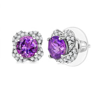 D'Joy Premium Moroccan Amethyst and White Zircon 3.30 ctw Bubble Bloom Earrings in Rhodium Over Sterling Silver