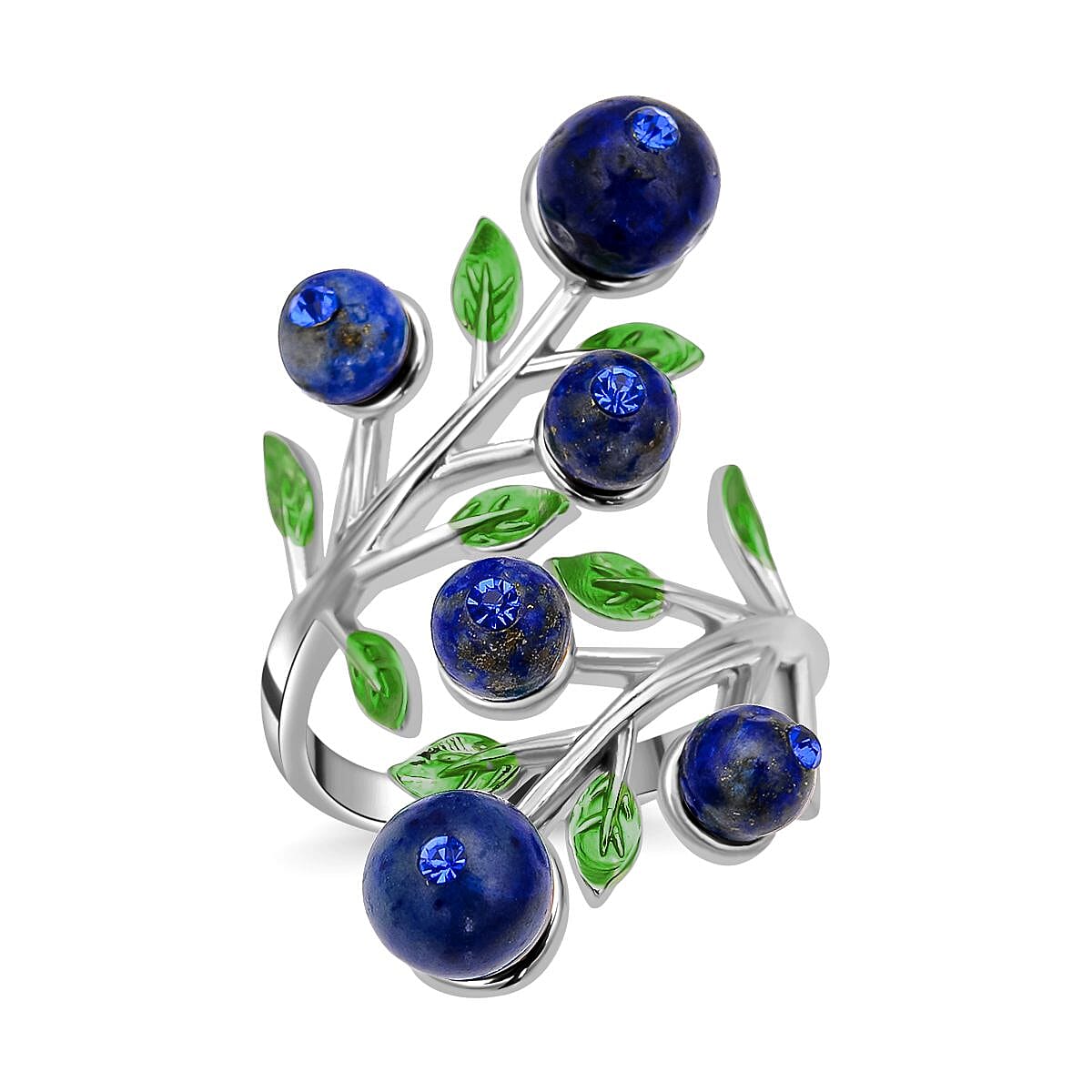 Lapis Lazuli 2.00 ctw and Blue Austrian Crystal Leafy Vine Ring in Silvertone (6-9In)