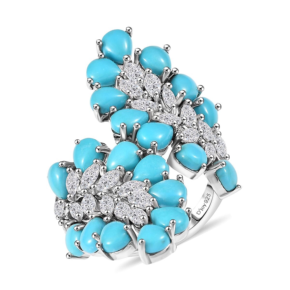D'Joy Premium Sleeping Beauty Turquoise, Moissanite Bypass Ring in Rhodium Over Sterling Silver (Size 7.0) 8.35 ctw