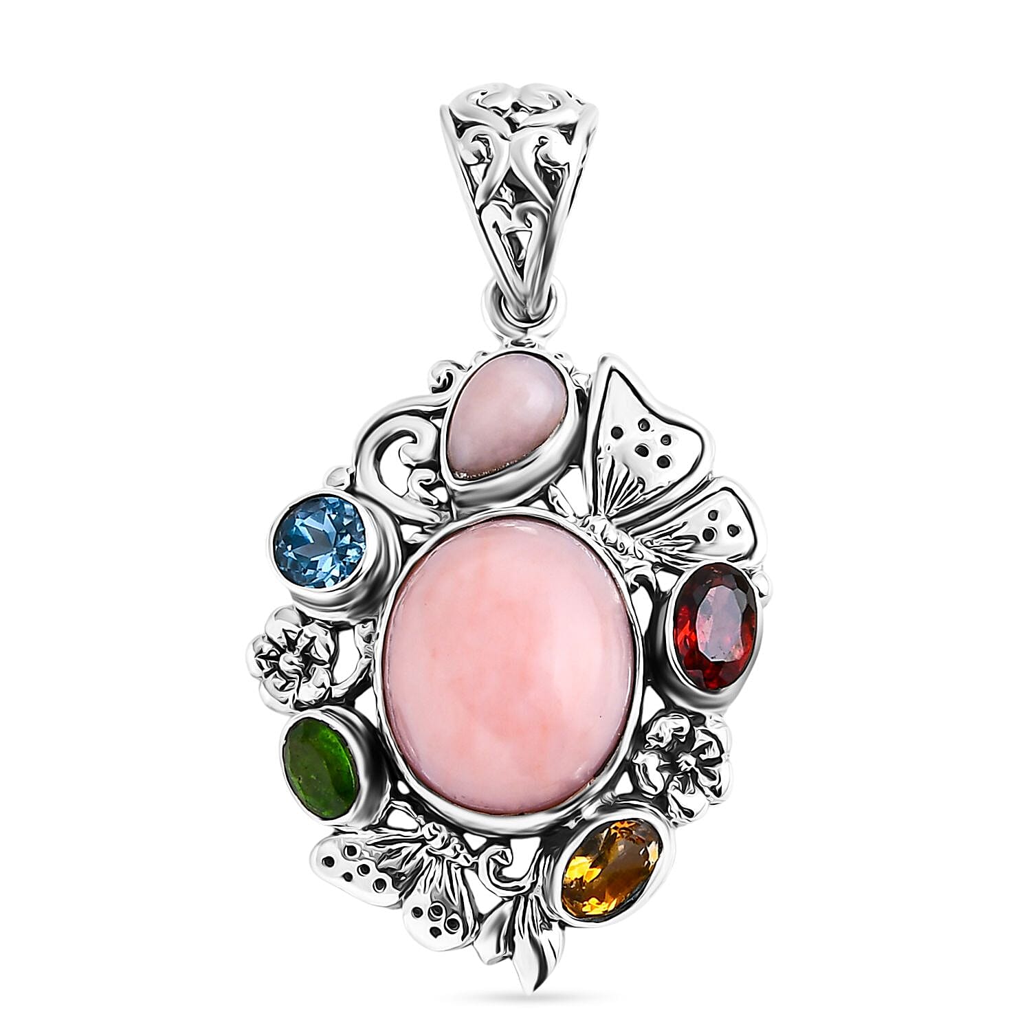 D'Joy Bali Legacy Larimar and Multi Gemstone 6.80 ctw Floral and Butterfly Pendant without Chain in Sterling Silver