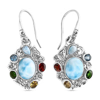 Bali Legacy Larimar and Multi Gemstone 8.35 ctw Floral and Butterfly Earrings in Sterling Silver