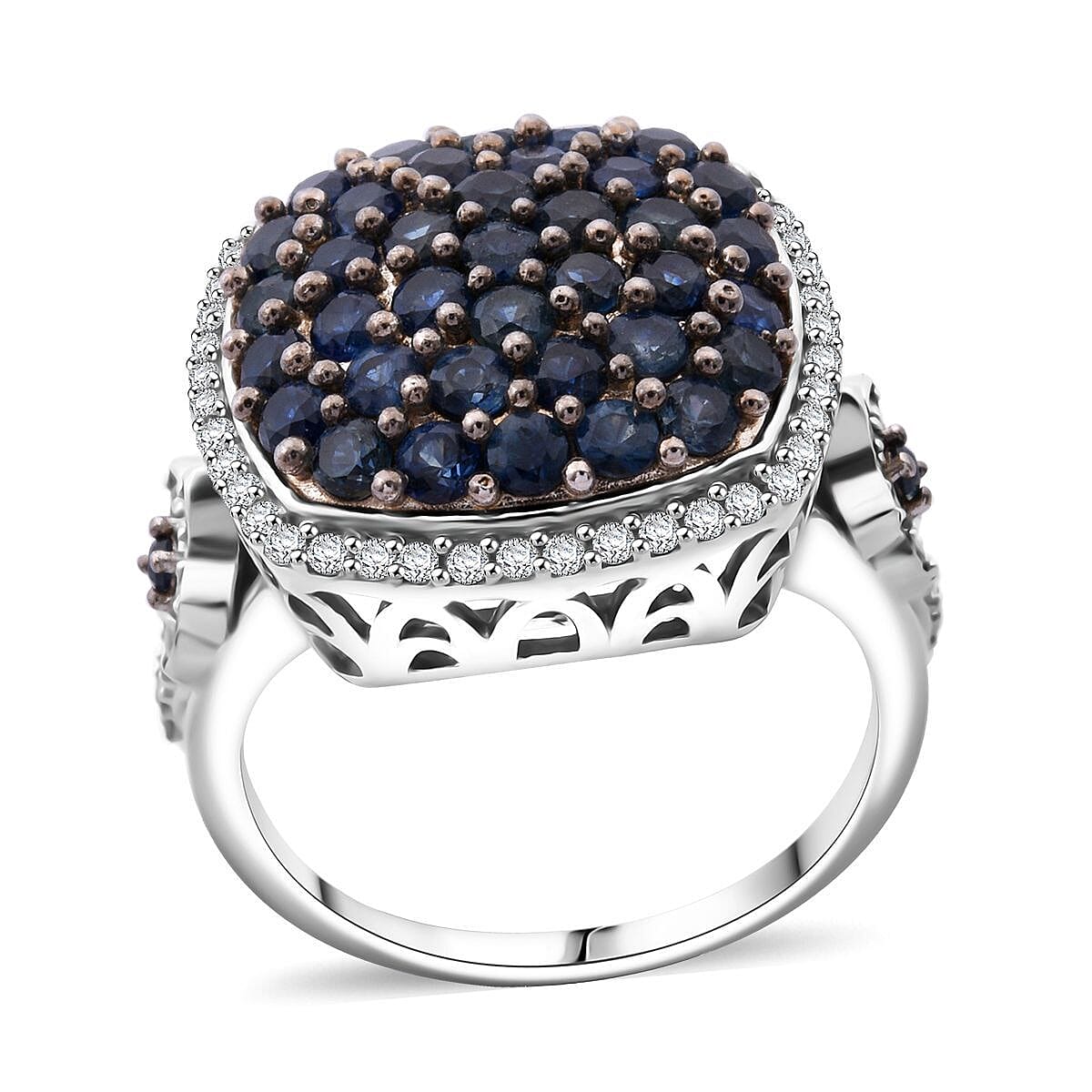 Kanchanaburi Blue Sapphire and White Zircon 2.40 ctw Ring in Rhodium Over Sterling Silver (Size 10.0)