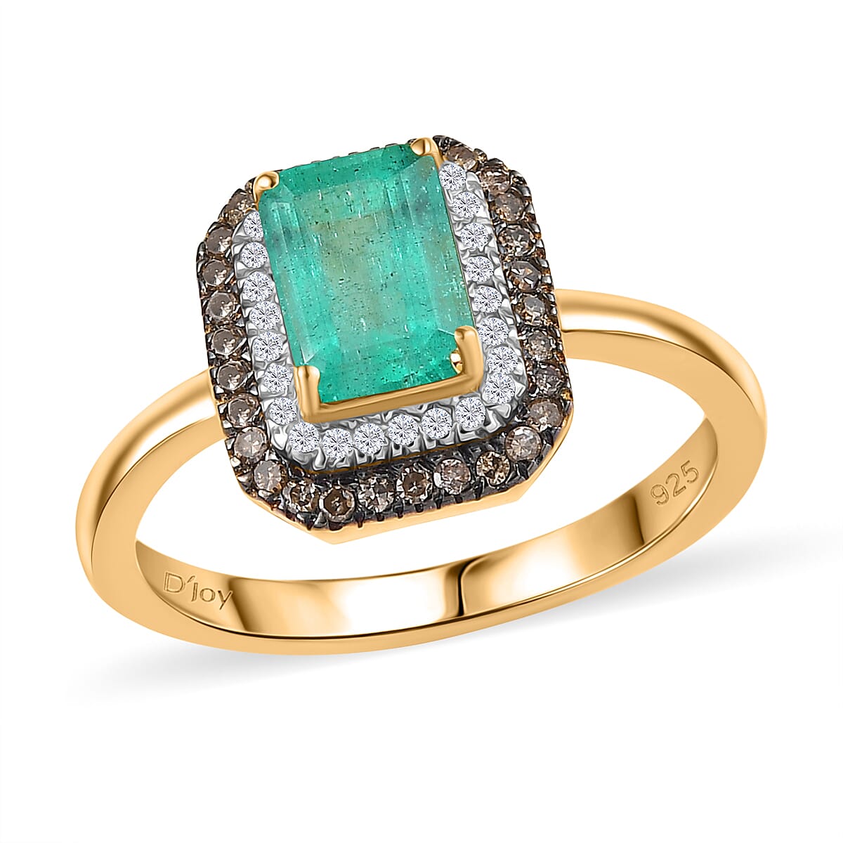 D'Joy Premium Kagem Zambian Emerald, Natural Champagne and White Diamond (0.25 cts) Ring in 18K Vermeil YG Over Sterling Silver (Size 10.0) 1.25 ctw