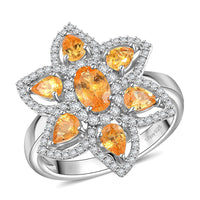 D'Joy Tanzanian Mandarin Garnet, White Zircon Frangipani Flower Ring in Rhodium Over Sterling Silver (Size 7.0) (Del. in 10-12 Days) 2.50 ctw