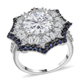 Heart and Arrow Cut Moissanite (Rnd 10mm), Ceylon Sapphire Ring in Rhodium Over Sterling Silver (Size 7.0) 5.90 ctw - Sticky add to cart bar