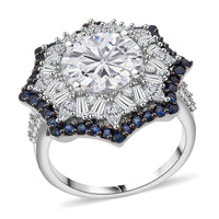 Heart and Arrow Cut Moissanite (Rnd 10mm), Ceylon Sapphire Ring in Rhodium Over Sterling Silver (Size 7.0) 5.90 ctw