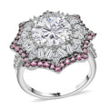 Heart and Arrow Cut Moissanite (Rnd 10mm), Ceylon Sapphire Ring in Rhodium Over Sterling Silver (Size 7.0) 5.90 ctw - Sticky add to cart bar