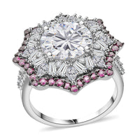 Heart and Arrow Cut Moissanite (Rnd 10mm), Ceylon Sapphire Ring in Rhodium Over Sterling Silver (Size 7.0) 5.90 ctw