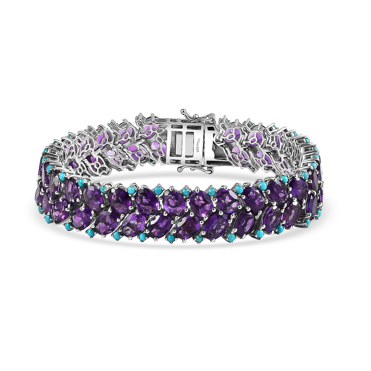 D'Joy African Amethyst and Sleeping Beauty Turquoise 43.80 ctw Leaf Vine Bracelet in Rhodium Over Sterling Silver (7.25 In)