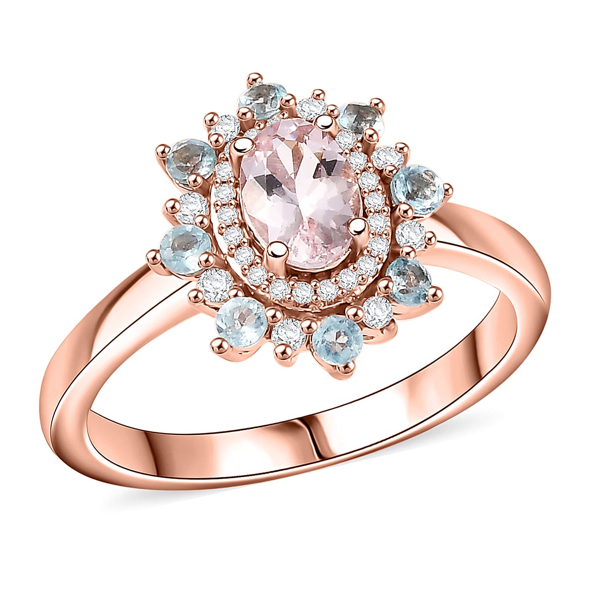 D'Joy Premium Pink Morganite, Multi Gemstone Ring in 18K Vermeil RG Over Sterling Silver (Size 10.0) 1.25 ctw
