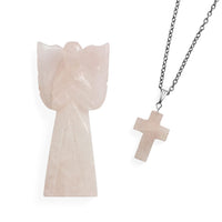 2pc Rose Quartz Gemstone Angel with Matching Cross Pendant Necklace (24-26 Inches) in Silvertone