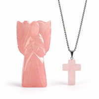 2pc Rose Quartz Gemstone Angel with Matching Cross Pendant Necklace (24-26 Inches) in Silvertone