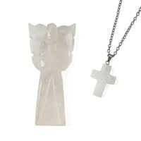 2pc Rose Quartz Gemstone Angel with Matching Cross Pendant Necklace (24-26 Inches) in Silvertone