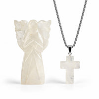 2pc Rose Quartz Gemstone Angel with Matching Cross Pendant Necklace (24-26 Inches) in Silvertone