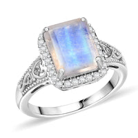 D'Joy Moon Glow Moonstone and White Zircon 3.90 ctw Ring in Platinum Over Sterling Silver (Size 10.0)