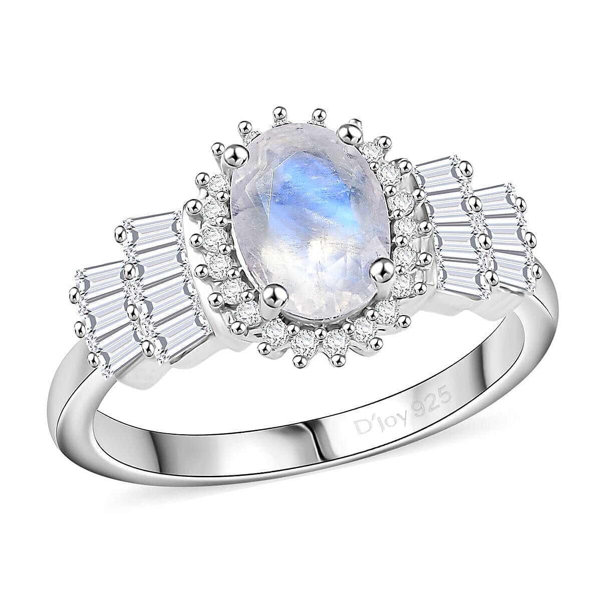 D'Joy Moon Glow Moonstone and White Zircon 2.00 ctw Sparkling Moon Ring in Platinum Over Sterling Silver (Size 10.0)