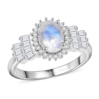 D'Joy Moon Glow Moonstone and White Zircon 2.00 ctw Sparkling Moon Ring in Platinum Over Sterling Silver (Size 10.0)